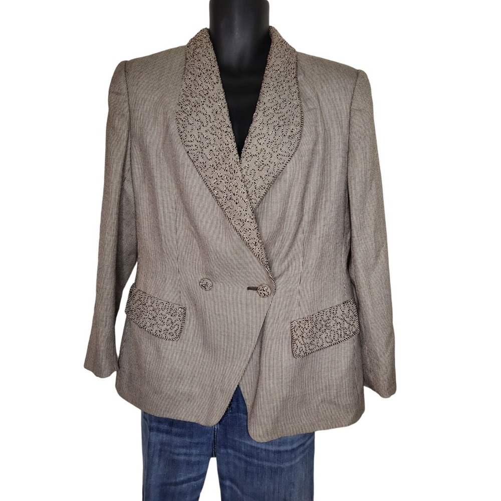John Meyer Of Norwich Blazer Women Size 12 Brown Houndstooth Shawl Collar Jacket